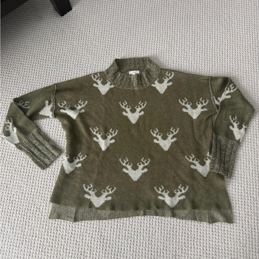 Easel Olive Green Deer Motif Mockneck Sweater
